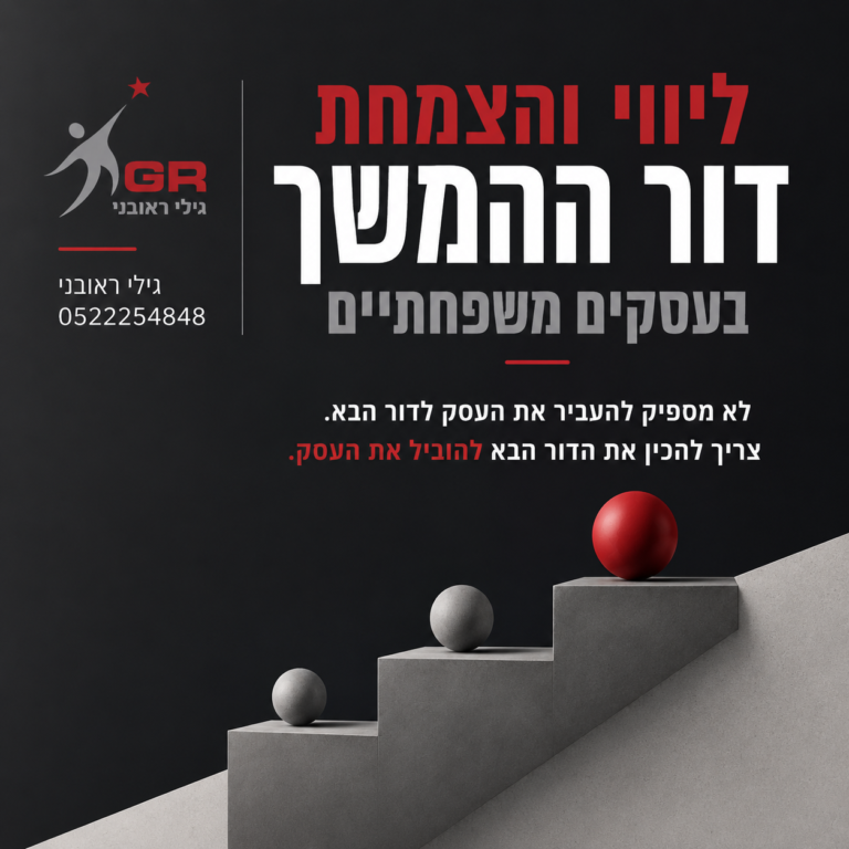 מודעה בעיצוב שחור, אפור ואדום בנושא ליווי והצמחת דור ההמשך בעסקים משפחתיים. במרכז הכותרת: "ליווי והצמחת דור ההמשך בעסקים משפחתיים". מתחתיה המסר: "לא מספיק להעביר את העסק לדור הבא. צריך להכין את הדור הבא להוביל את העסק." בצד שמאל מופיע הלוגו של גילי ראובני ופרטי התקשרות. בחלק התחתון איור של מדרגות המסמלות צמיחה והתפתחות לאורך הדורות.